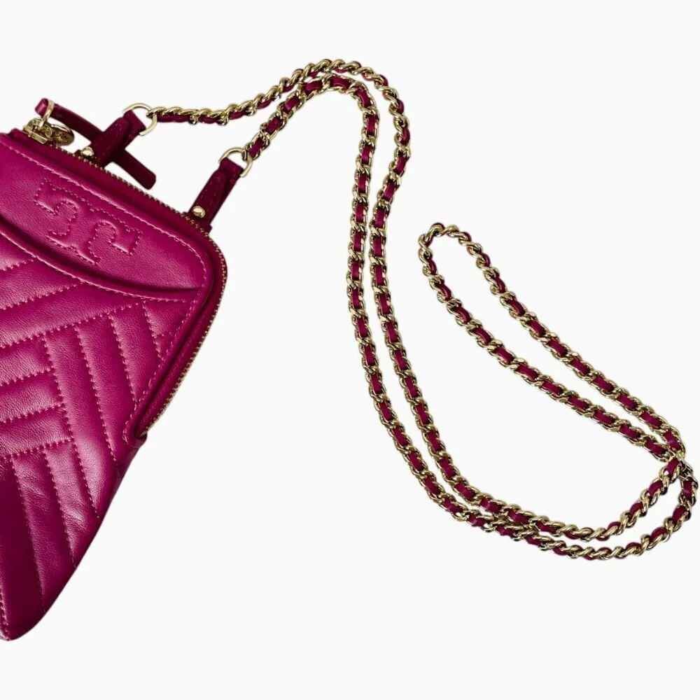 Tory Burch Alexa Phone Crossbody Fuchsia Pink Quilted Leather Bag